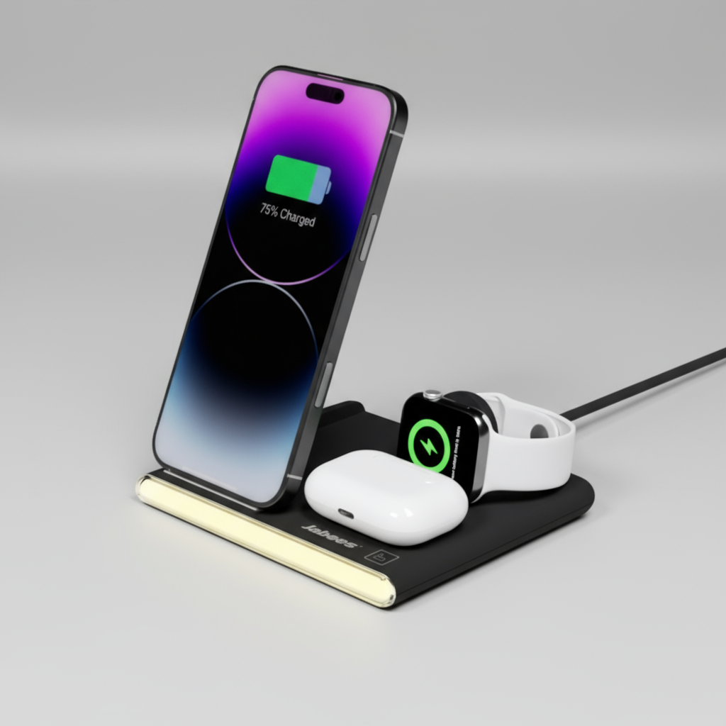 PowerGlow - Jabees PowerGlow 4-In-1 Foldable Wireless Charging Station with LED Night Light